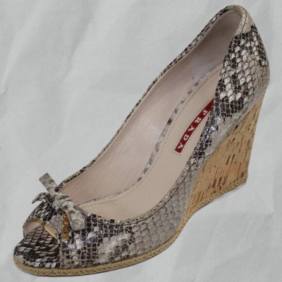 Prada Beige Taupe Gray Python Leather Cork Wedge Peep-Toe, Size 36.5 (US 6.5) - Picture 3 of 9